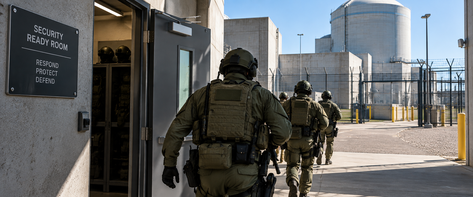 Security responders exiting a hardened ready room and moving toward the facility